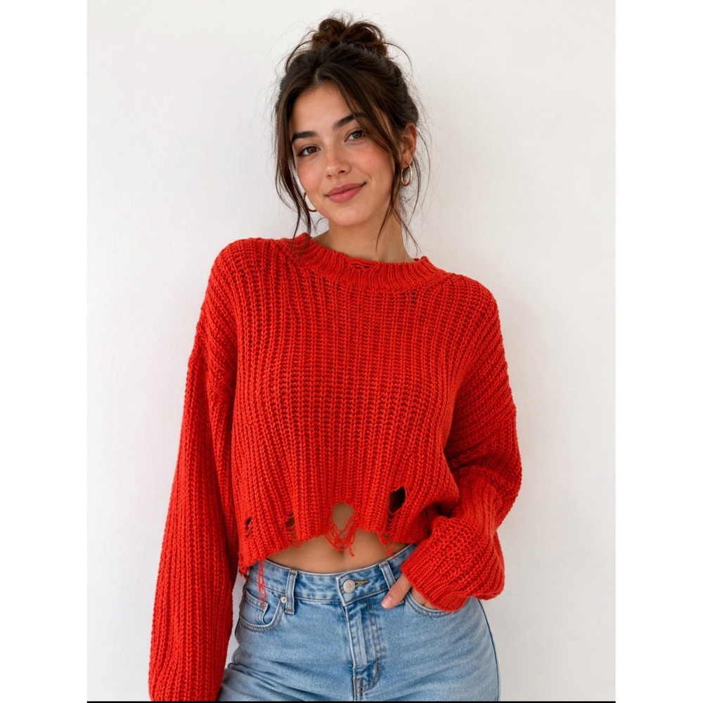 ZARA Orange Distressed Ripped Oversized Cropped Knit Sweater Size Medium